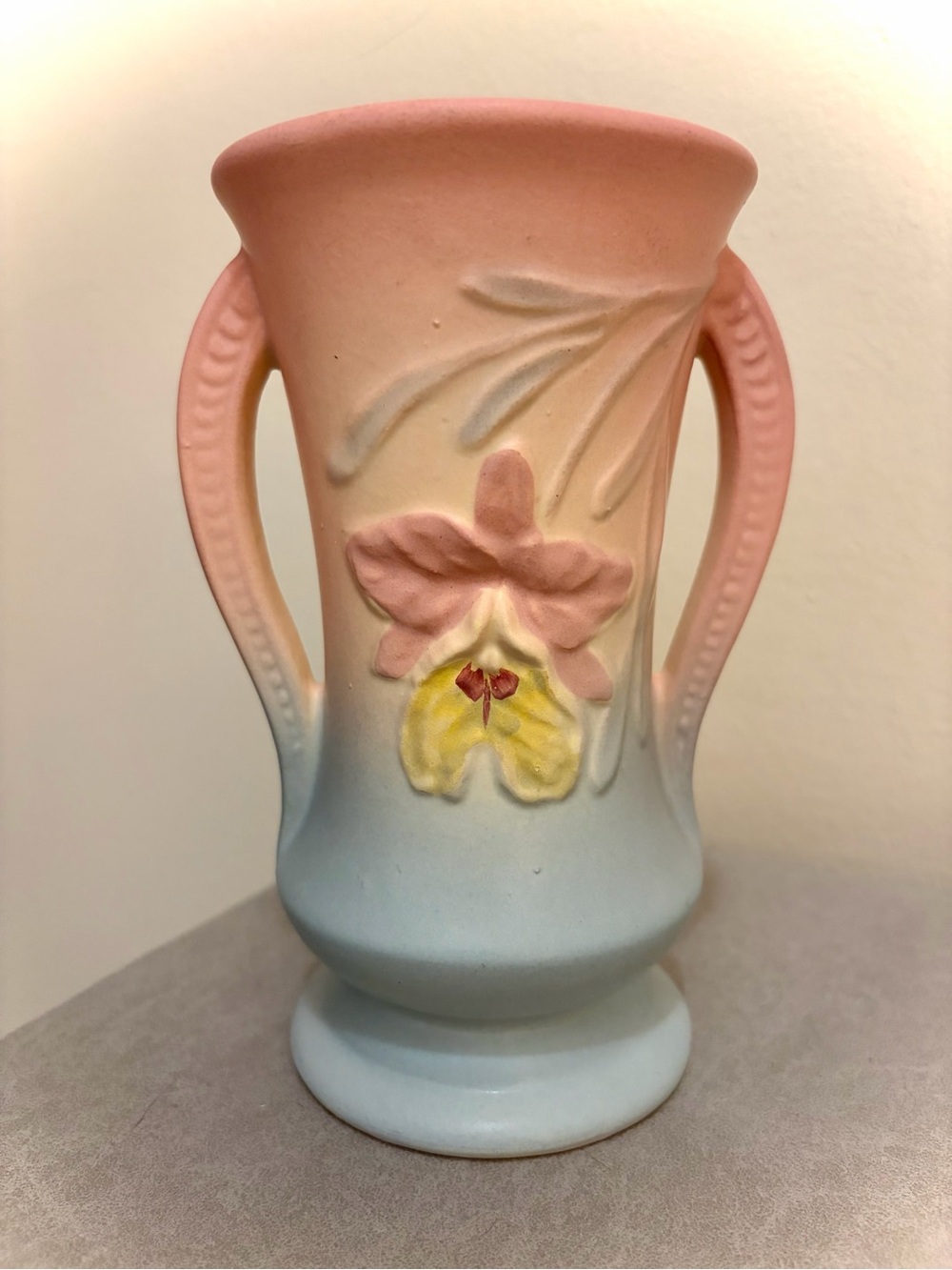 Hull Pottery Pink Orchid Flower Vase 1930s #308 6.5” Double Handles